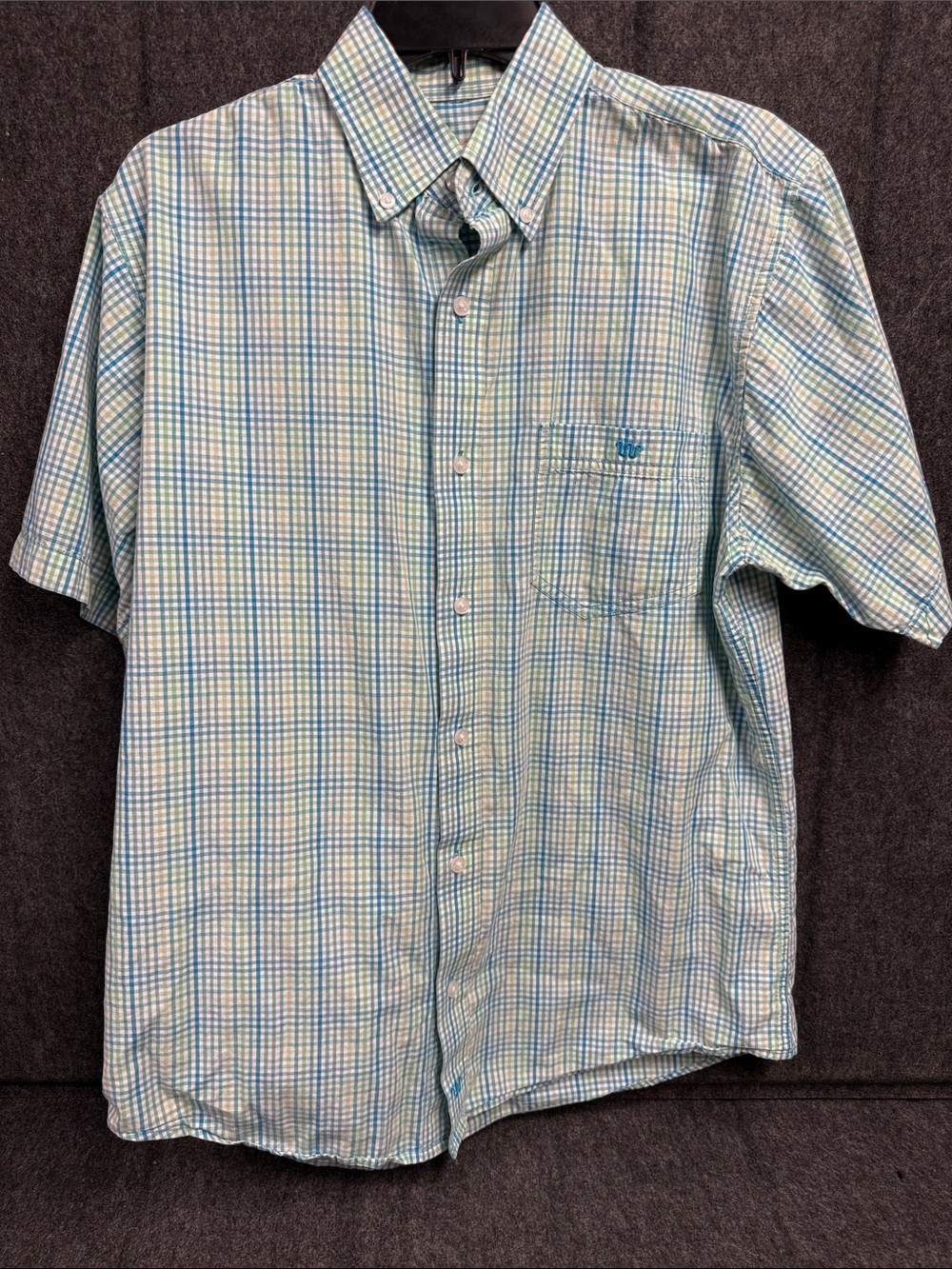 King ranch Men's Casual Short-Sleeve Button-Down Shirt - Blue & Green Plaid